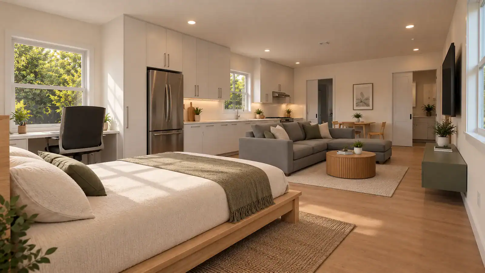 ADU design idea - open studio layout with kitchen, living area, bedroom and home office