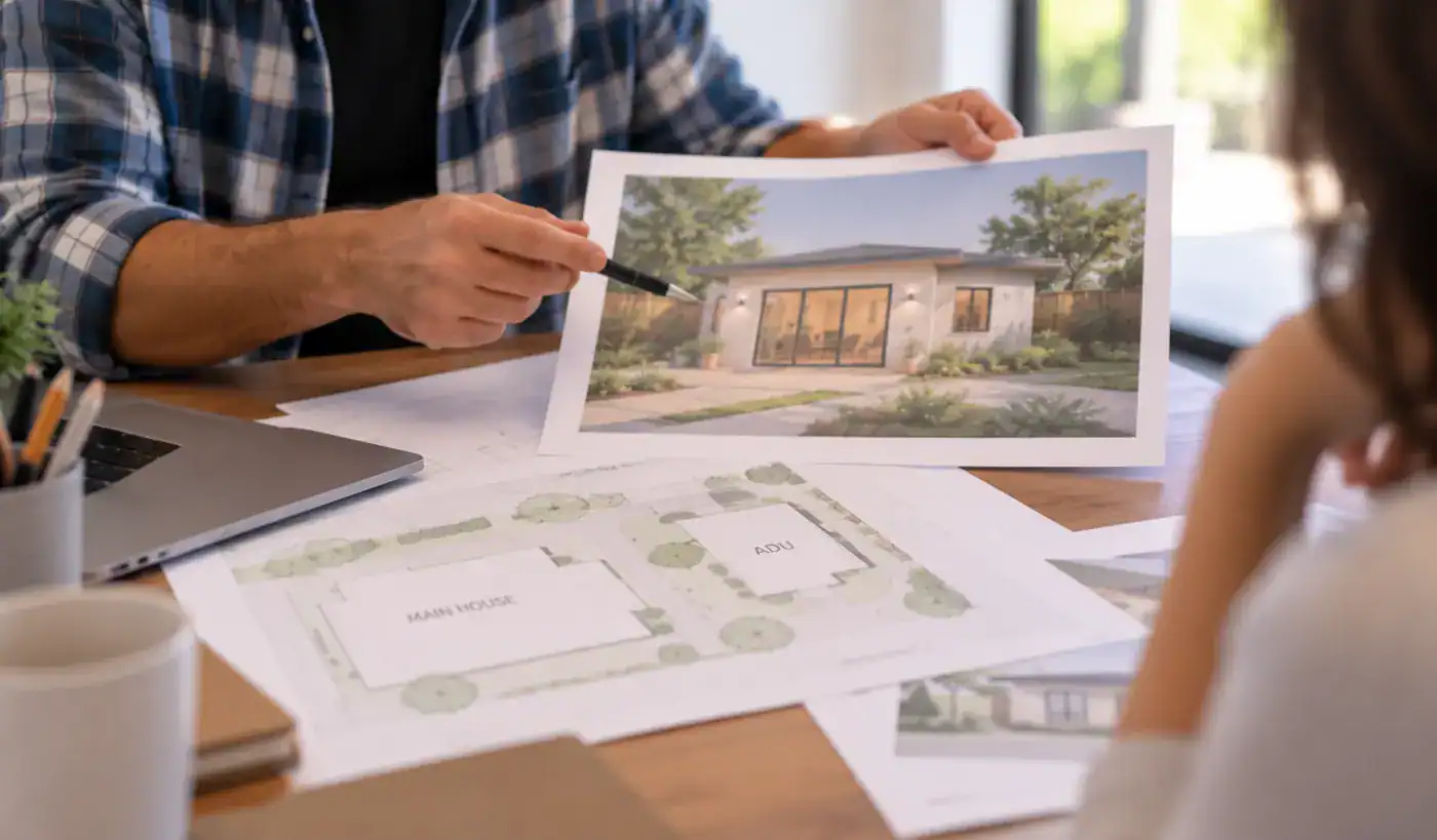ADU design consultation - reviewing a site plan and exterior rendering with a homeowner