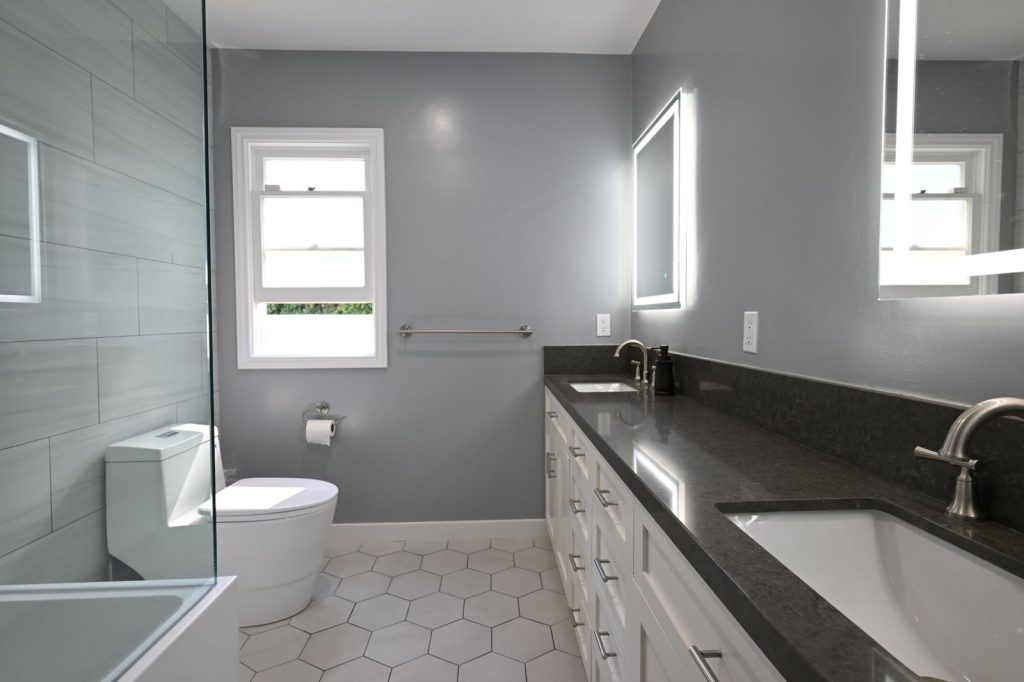 Palos Verdes Estates bathroom remodel with double vanity and hex tile floor