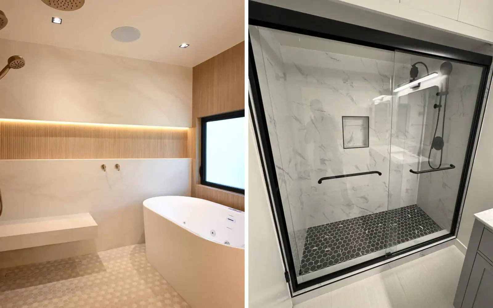 Primary bathroom remodel in Rancho Palos Verdes with freestanding tub next to a guest bathroom walk-in shower remodel in Culver City