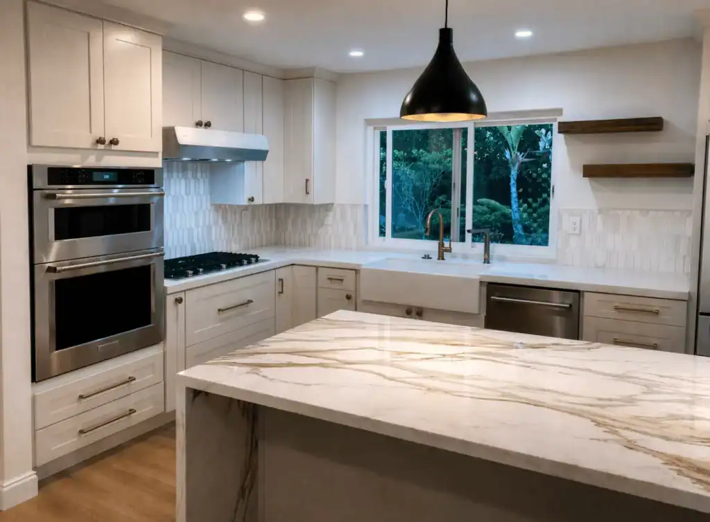 Finished Santa Monica kitchen remodel with porcelain waterfall island